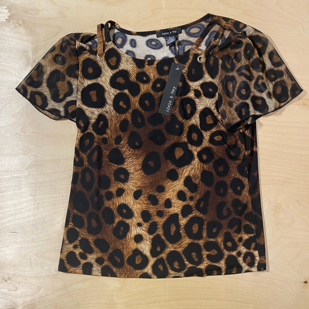 Adele & May Leopard Print Short Sleeve Top - Brown & Black Large (QX)